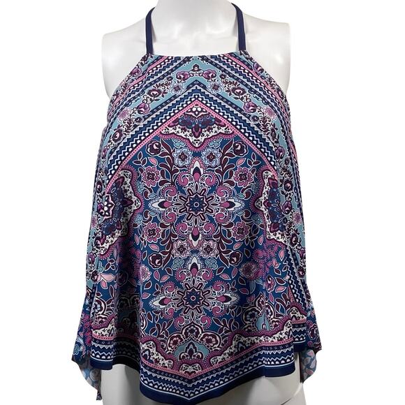 Kona Sol Tankini Top Women's Size XL Asymmetrical Floral Halter Blue Purple - Picture 1 of 5